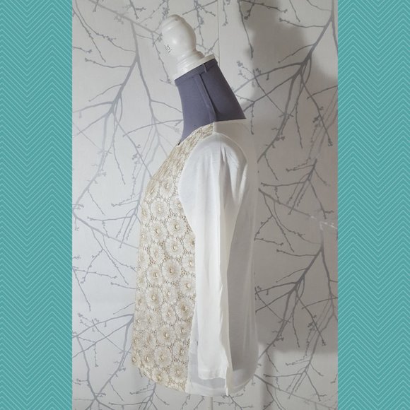 J. Crew White & Gold Floral Embroidered Overlay Long Sleeve Top - Picture 3 of 5